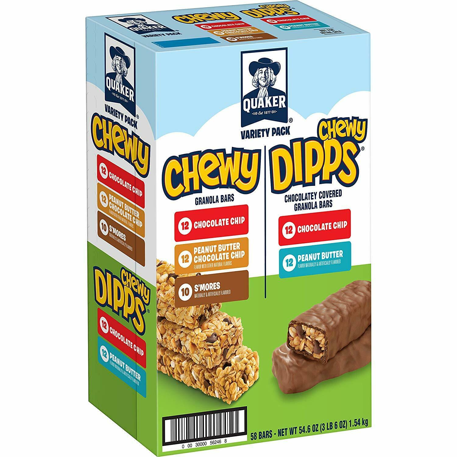 Quaker Chewy Granola Bars and Dipps Variety Pack, 58 Count